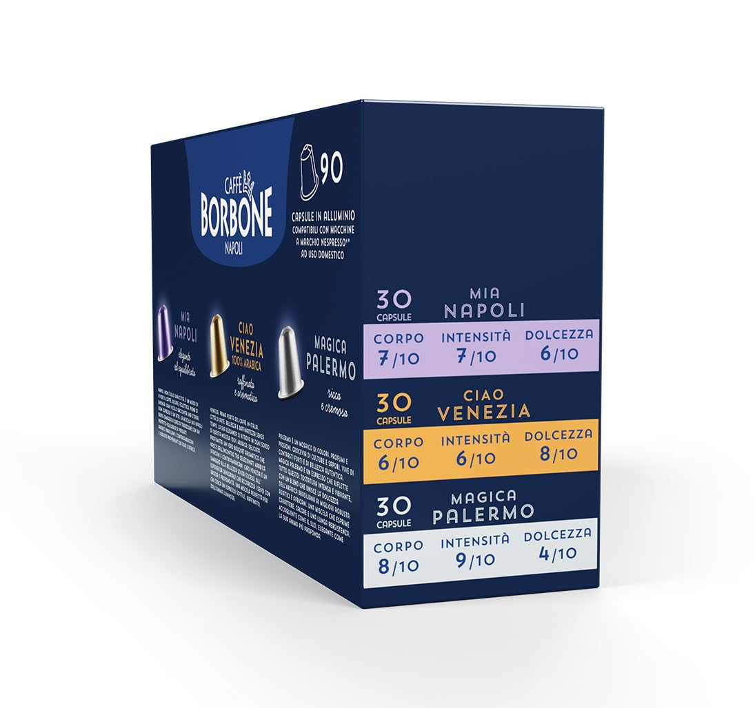 Caffè Borbone Verkostung Kit, 90 aluminiumskapsler: 30 Mia Napoli, 30 Ciao Venezia, 30 Magica Palermo, (3 x 30 Stück) – Kompatibel med Kaffeemaschinen für den Hausgebrauch af Nespresso®-mærket*