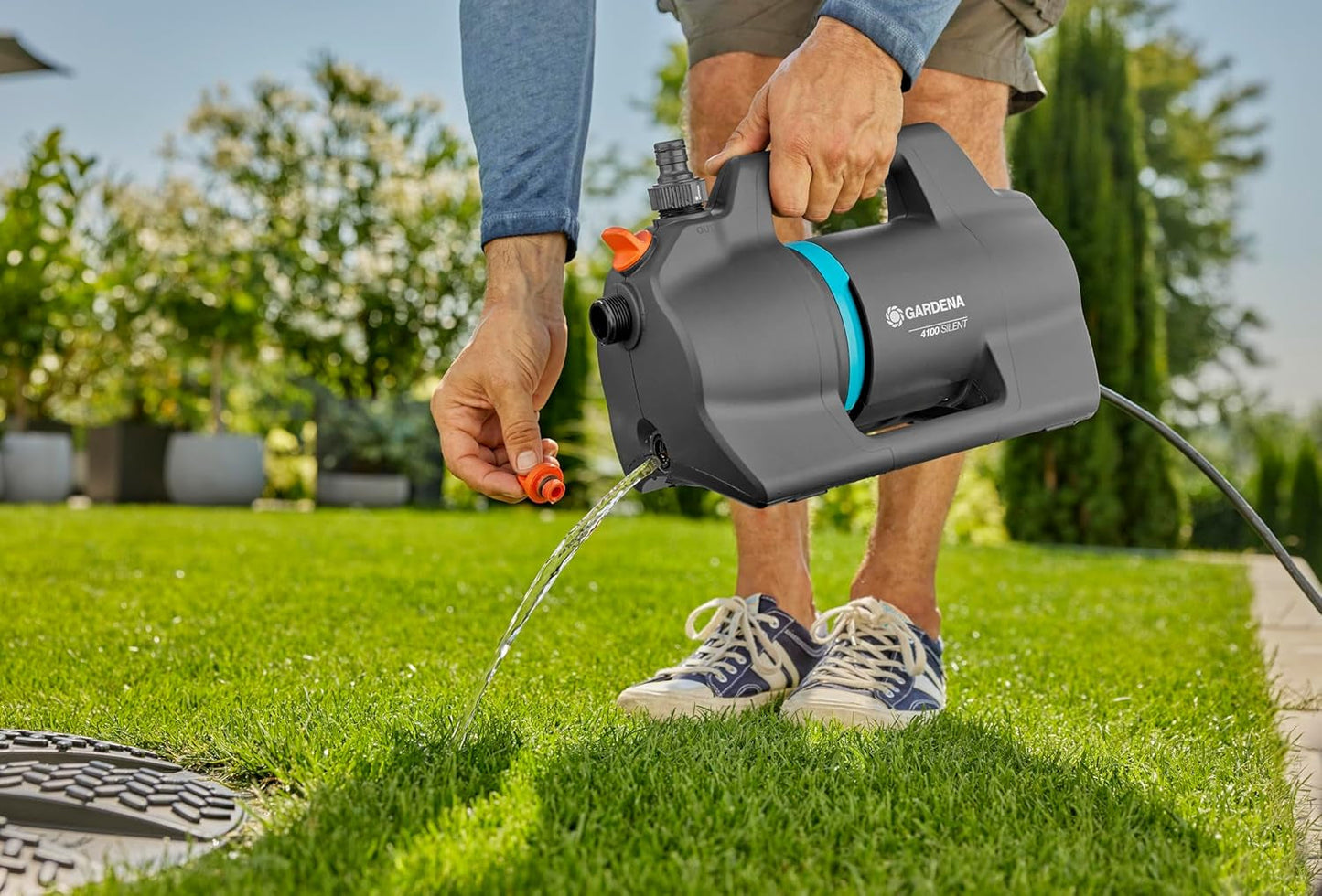 Gardena 4100 Silent Havepumpesæt: Meget stille og innovativ kunstvandingspumpe med 3,5 m sugeforbindelse og 20 m klassisk slange, 4100L/h flow, 550W motor, vandtæt, økonomisk (9051-20)