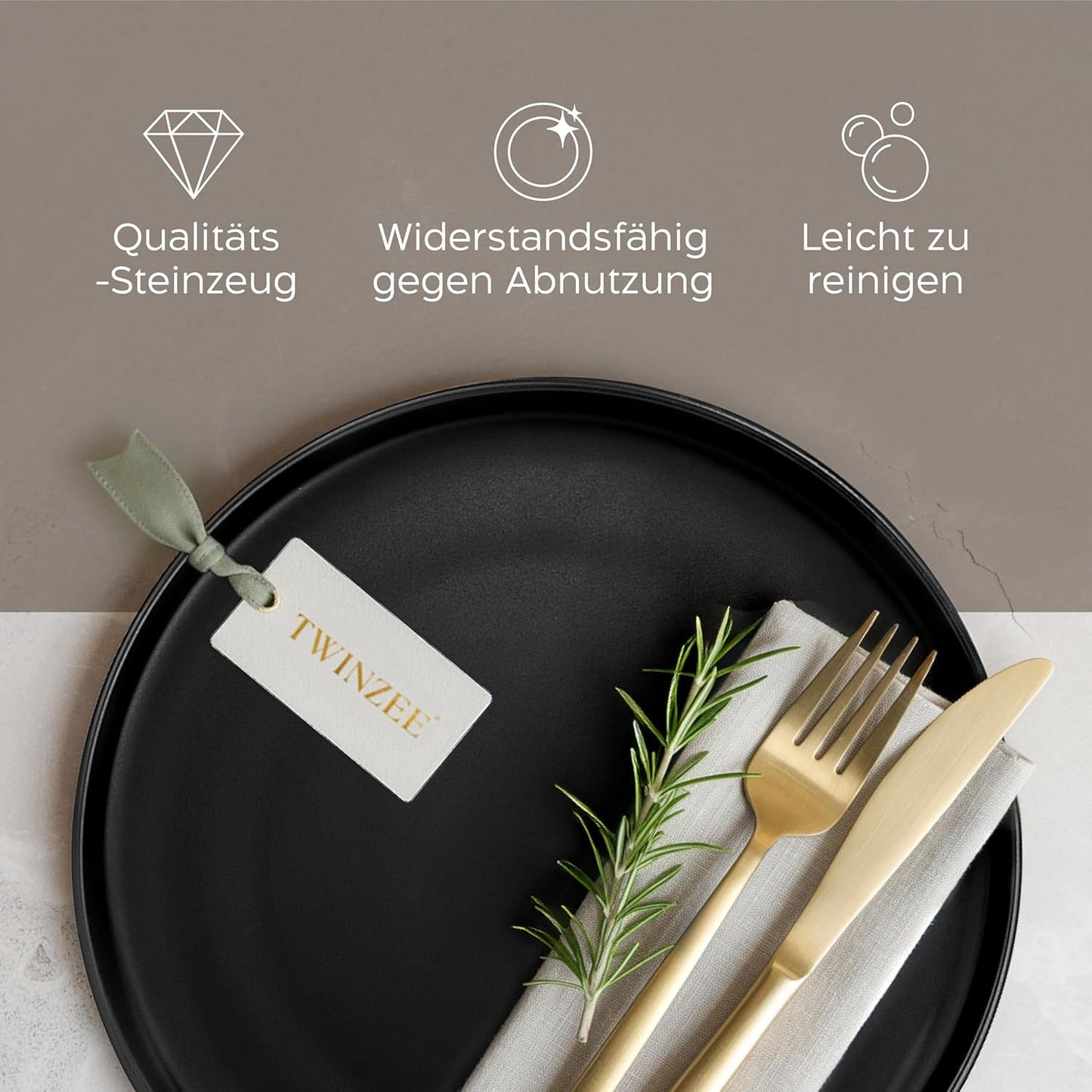 Stentøj tallerkensæt til 6 - mat sort 6 dele sæt store tallerkener til mikroovn Elegant design - Twinzee Ebony Collection