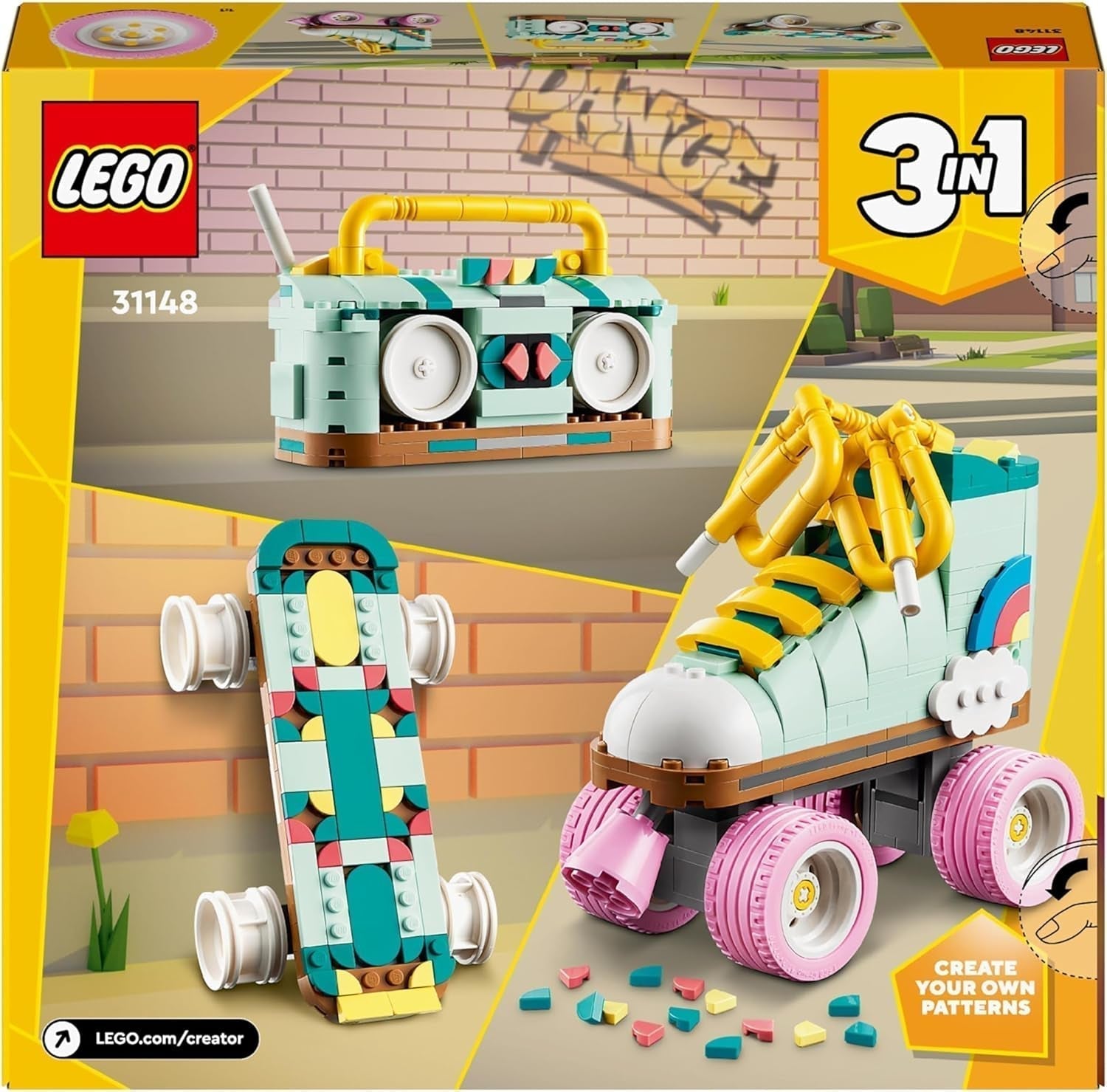 LEGO Creator 3In1 Rulleskøjtetøj til piger og drenge med miniskateboard og bomkasse, retro soveværelsesindretning, fødselsdagsgave til 8 år 31148 Byggesæt Besuche den LEGO-Store