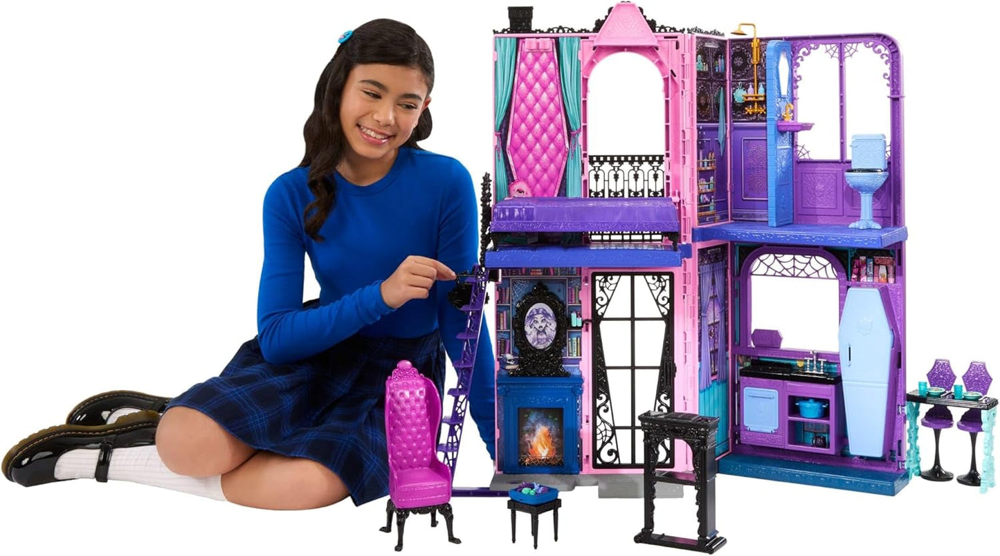 Monster High Buh-tique Hotel Dukkehus, sammenfoldeligt legesæt med skræmmende overraskelser i hvert værelse og 13+ legesæt, inklusive møbler og tilbehør, JBF16