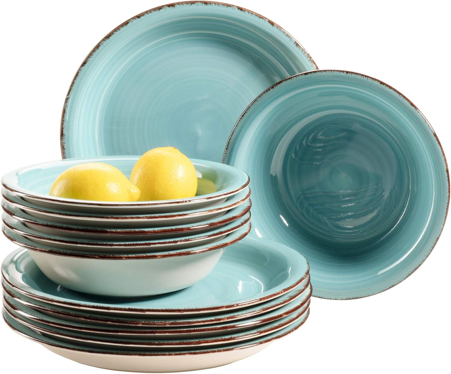 MÄSER Bel Tempo II Teller-Set for 6 Personen im modernen Vintage Look, 12-teiliges Tafelservice, handbemalt, Türkis, Steingut, 27 centimeter