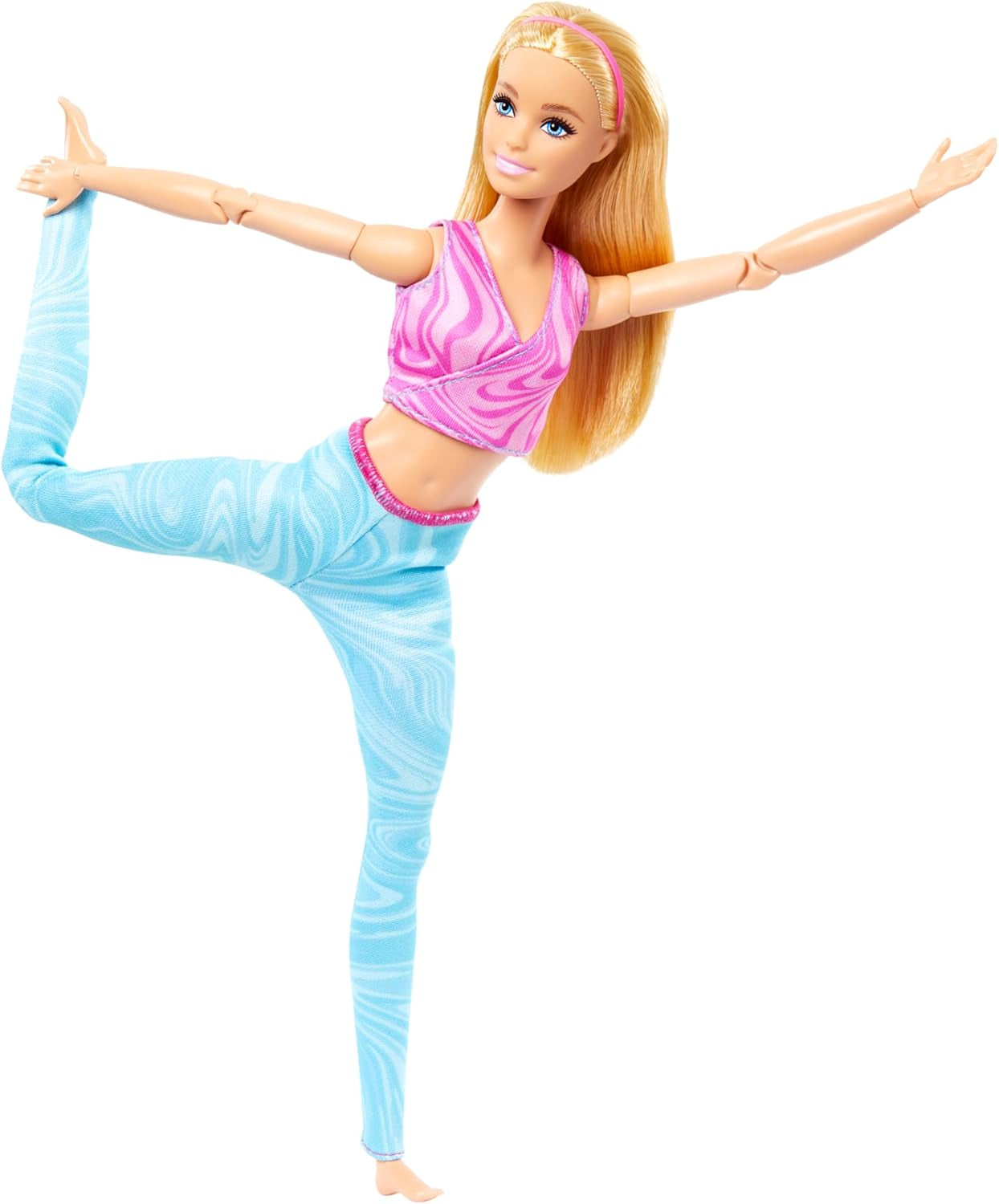 Barbie Made-to-Move-dukke med blond hår, aftagelig lyserød sportstop og blå yogabukser, 22 led, HRH27, [Multicolor]