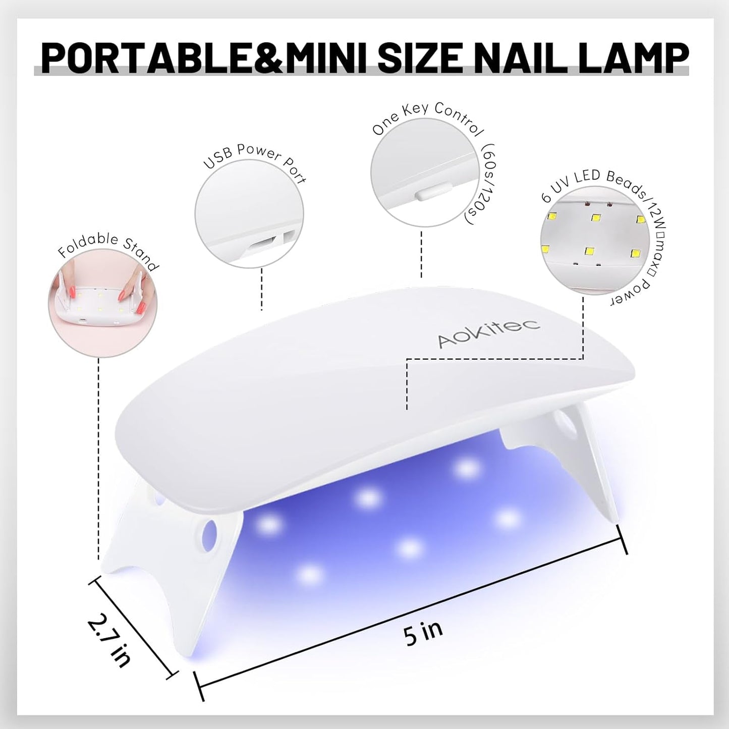 Aokitec Mini LED UV-lampe, UV-gel-neglelampe, bærbar negletørrer til alle slags gel-neglelak, museformet hærdningsværktøj, kompakt, let med USB-kabel (hvid)