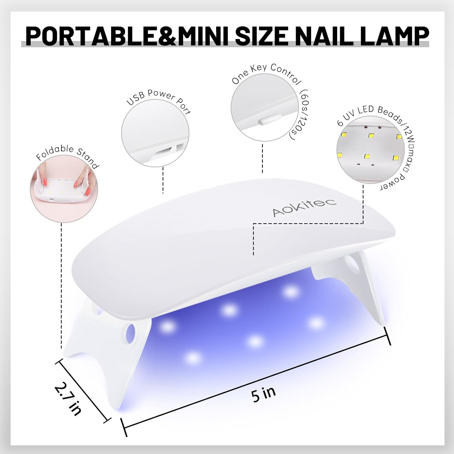 Aokitec Mini LED UV-lampe, UV-gel-neglelampe, bærbar negletørrer til alle slags gel-neglelak, museformet hærdningsværktøj, kompakt, let med USB-kabel (hvid)