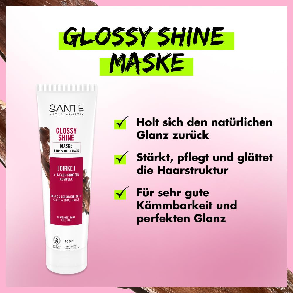 SANTE Naturkosmetik Glossy Shine Mask økologisk birkebladsekstrakt + 3x proteinkompleks, silikonefri og fugtgivende hårmaske, vegansk hårpleje for mere glans og smidighed, 150 ml Naty Shop Hair Mask