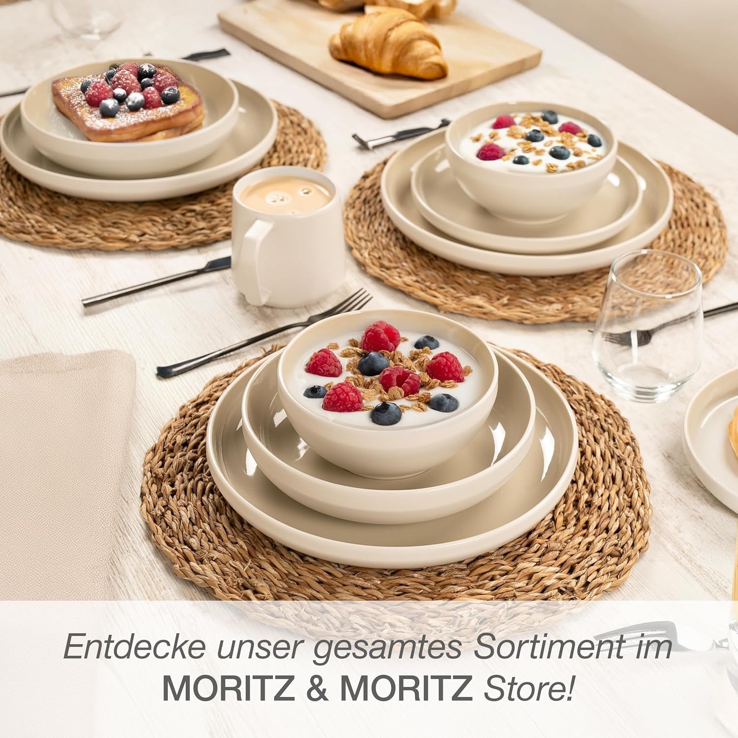 Moritz & Moritz CAVO stel i stentøj til 12 personer, 36 stykker - Moderne bordservice i sandfarve - Letpleje kombinationssæt med tallerkener og skåle - Kaffeservice