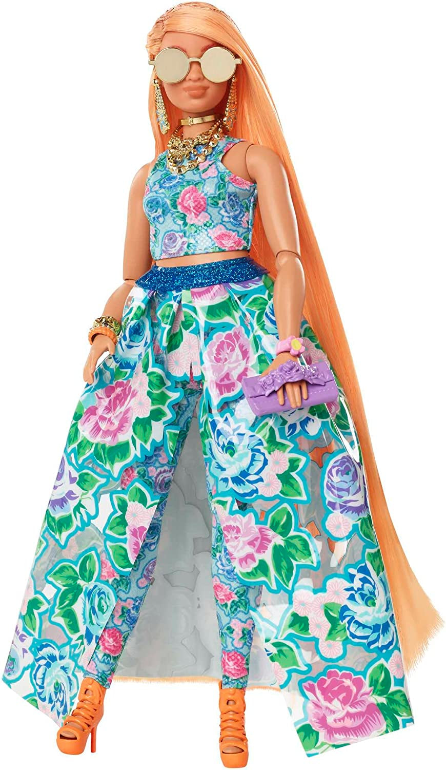 Barbie ekstra fancy, kurvet langt jordbærblondt hår, todelt jakkesæt, blå kat, lyserød taske, ananas solbriller inklusive dukke, egnet som gave, Hhn14 Naty Shop Dolls