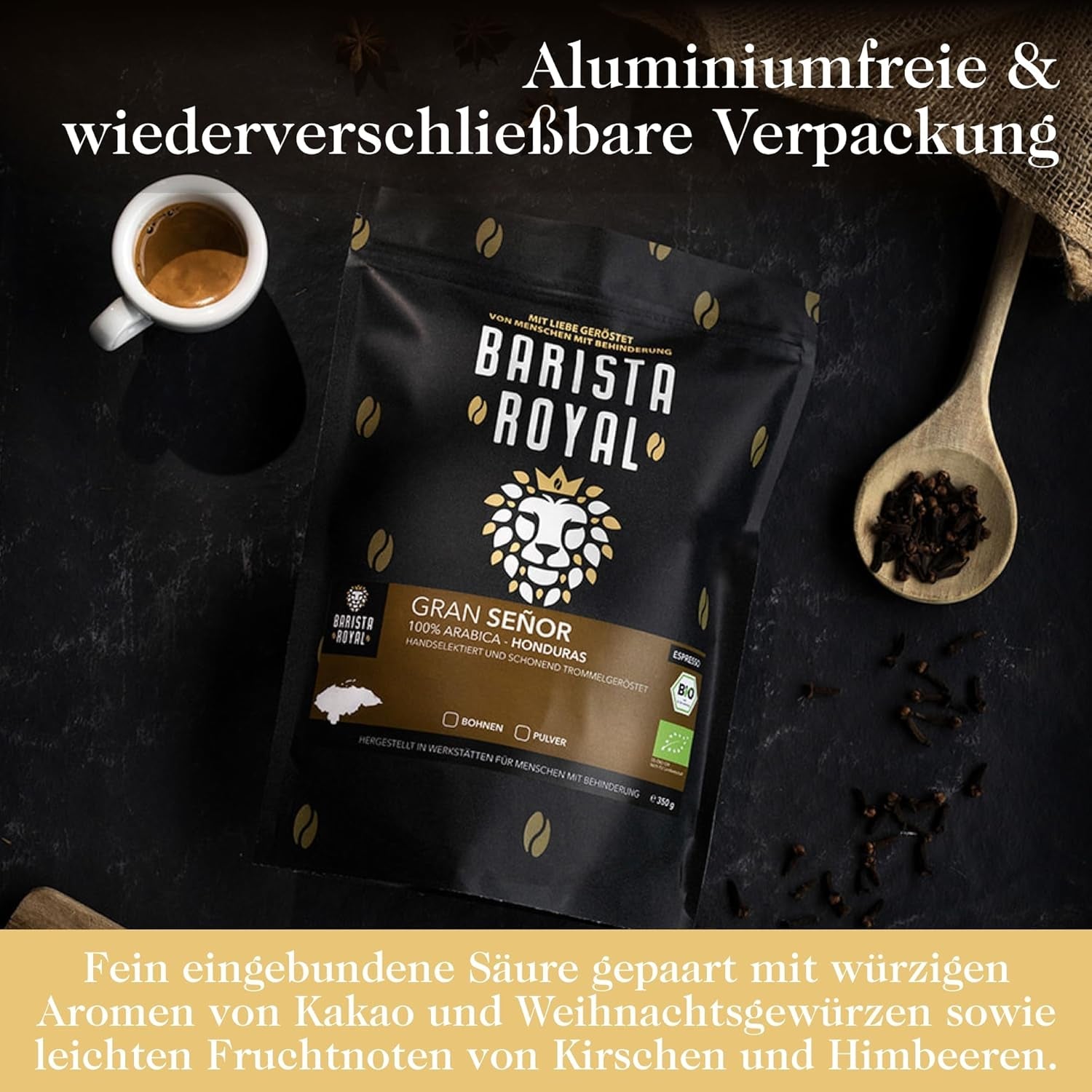 BARISTA ROYAL Bio Espressobohnen 1 kg "Gran Señor" | Frisk Kaffeebohnen direkte fra Honduras | 100% Arabica Espresso ganze Bohnen | Ideel til fuldautomatisk og Siebträger