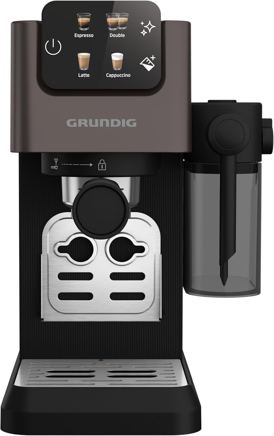 Portafilter espressomaskine GRUNDIG KSM 5330 med integreret mælkebeholder, effekt 1628 W, pumpetryk 15 bar, dobbelt mundstykke, farvetouchdisplay, BrewSense, CreamyPro, Mørk rustfrit stål/Sort