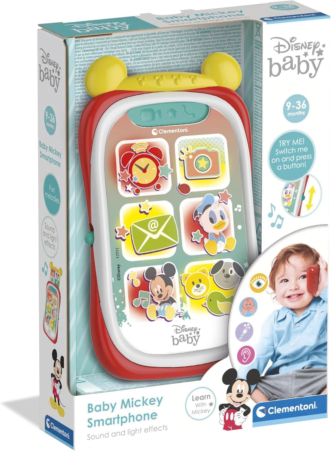 Clementoni 17711 Disney Baby Baby Mickey Smartphone, Børnemobiltelefon med lys og lydeffekter, Interaktivt legetøj til børn 9-36 måneder, M, Multicolor Bebe Toys Naty Shop