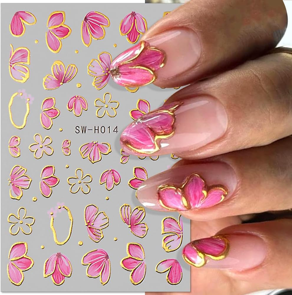 Guld Linie Schieber Rosa Nagelsticker Blumen 3D Flower Nail Sticker Sakura Blütenblätter Blumen Nagelaufkleber Frühling Sommer Floral Nagel Sticker Flowers Nagel Stickers Nageldesign Zubehör Nail Art