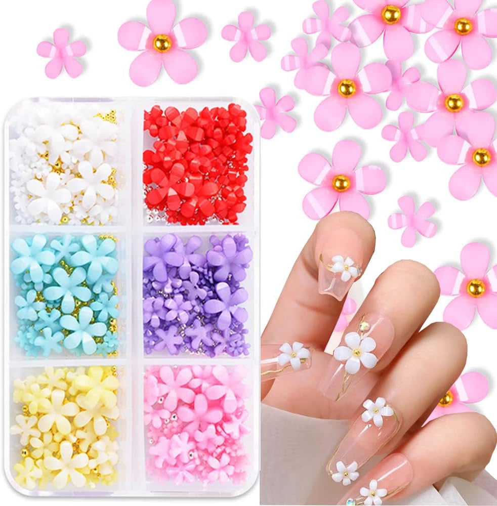 3D blomsternegle, 6 gitter, blomsterneglebetræk, akrylnegle-rhinestones, negletilbehør, DIY-forårsnegledekorationer
