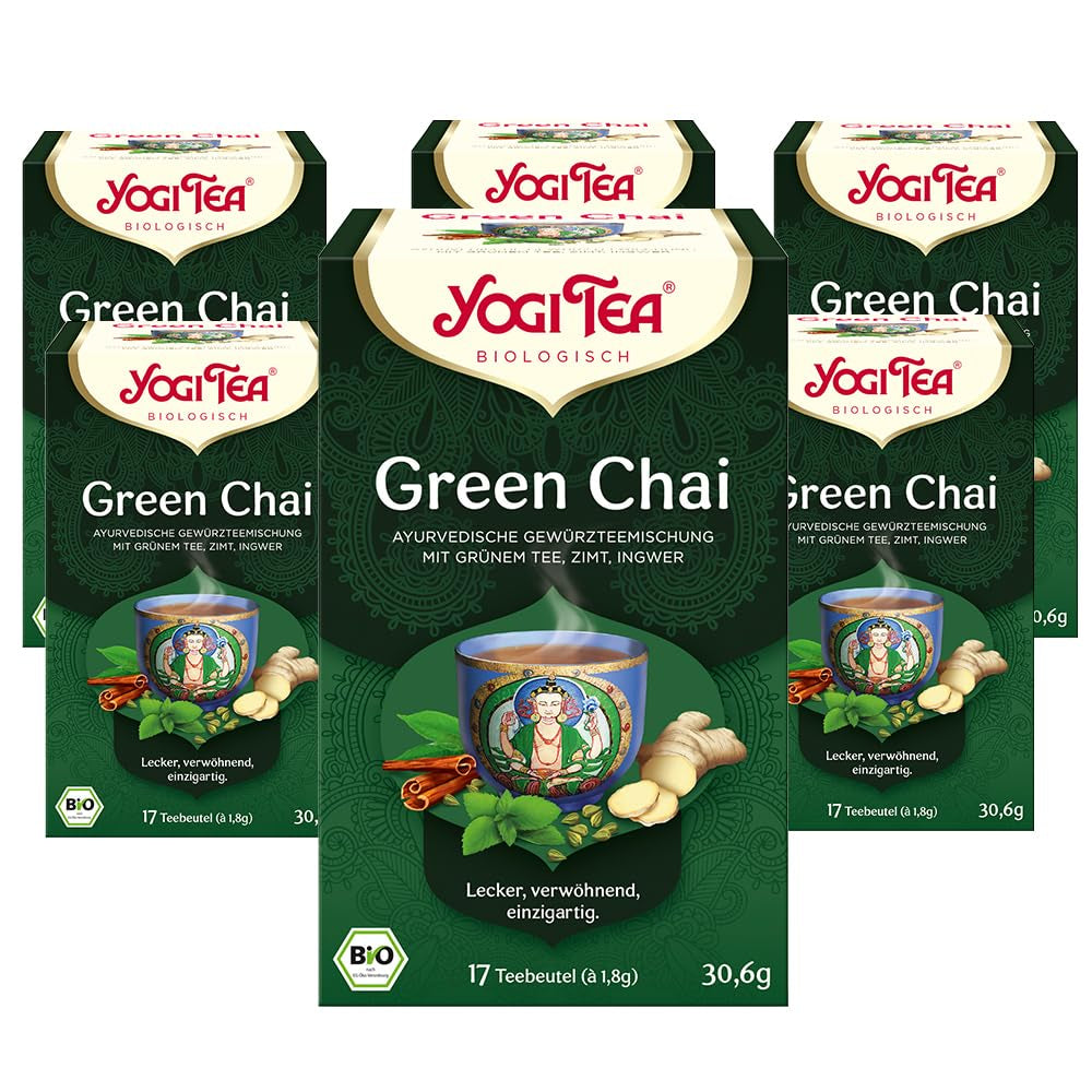 Yogi Tea Green Chai, økologisk ayurvedisk krydret te, blanding af kanel, mynte, grøn te, ingefær, kardemomme og nelliker, 6X17 teposer (i alt 102 teposer)