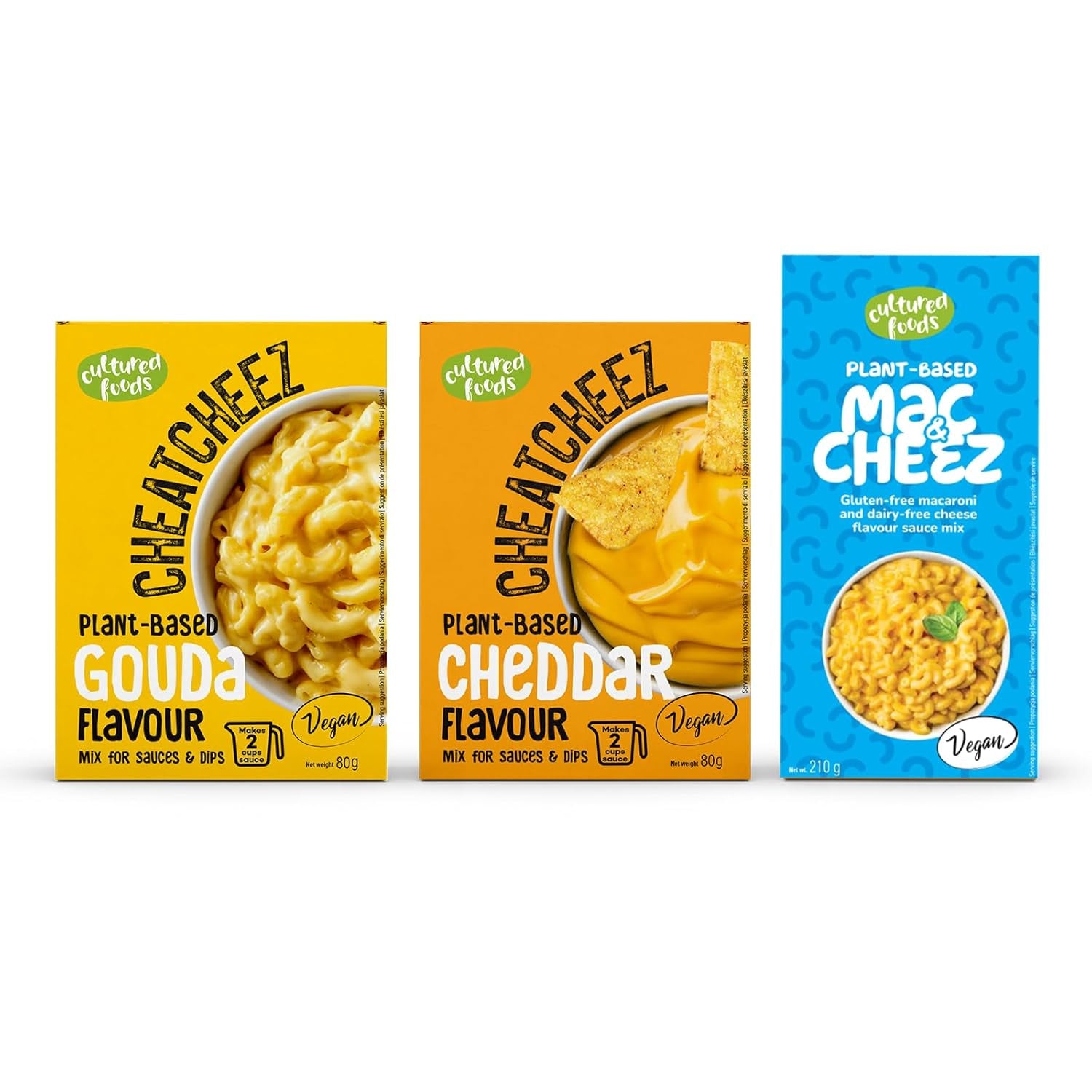 Cultured Foods Vegansk 3-er sæt Vegan Mac And Cheese, Gouda Sauce, Cheddar Sauce, Laktosefrei Glutenfrei MAC & CHEEZ CHEATCHEEZ