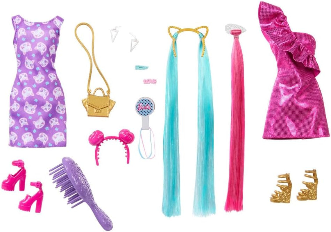 Barbie Totally Hair - Dukke med ekstra langt regnbuehår, der er let at style, og 10 mode- og stylingtilbehør, farveblok prikket kjole, til alderen 3 og opefter, HKT96