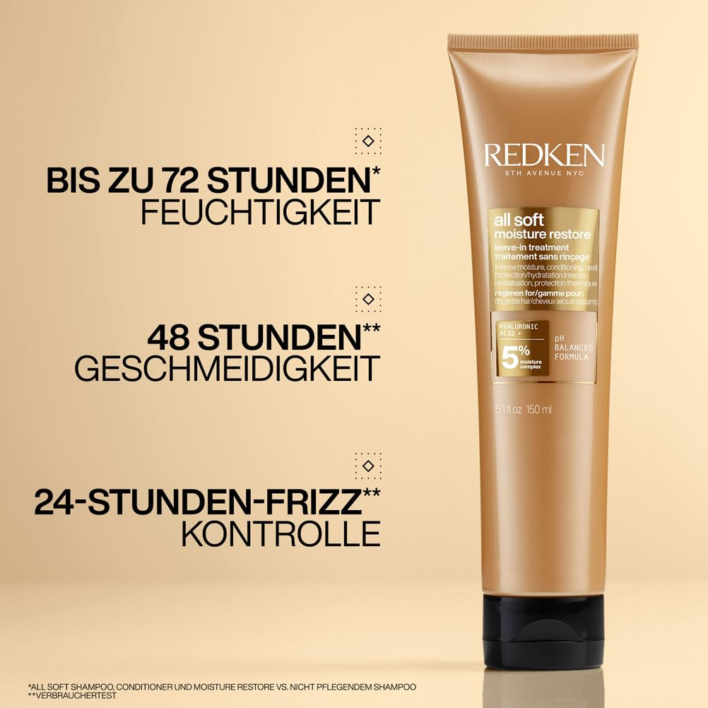 Redken hårmaske med hyaluronsyre til tørt hår, anti-frizz og varmebeskyttelse op til 230°C, All Soft Moisture Restore Leave-In Mask, 1 x 150ml Naty Shop Hair Mask