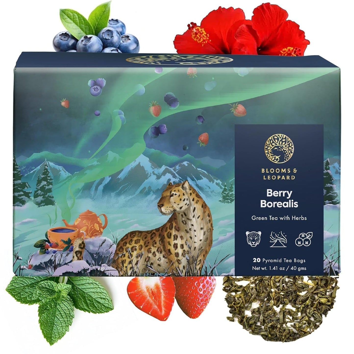 Blooms & Leopard Premium grønne teposer - Berry Borealis Blend med Hibiscus, Blåbær, Jordbær og Spearmint - 20 Pyramid teposer til varm eller kold te