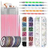 FANDAMEI Nail Art Brush Set, 15 Stücke Pinsel Für Gelnägel Nagel Pinsel, 5 Stücke Dotted Pen, 10 Rolle Streifenband Nägel, Strasssteine ​​​​Nägel, Ultra Dünn Nagel Paillettes Für Nagelkunst Maniküre Set