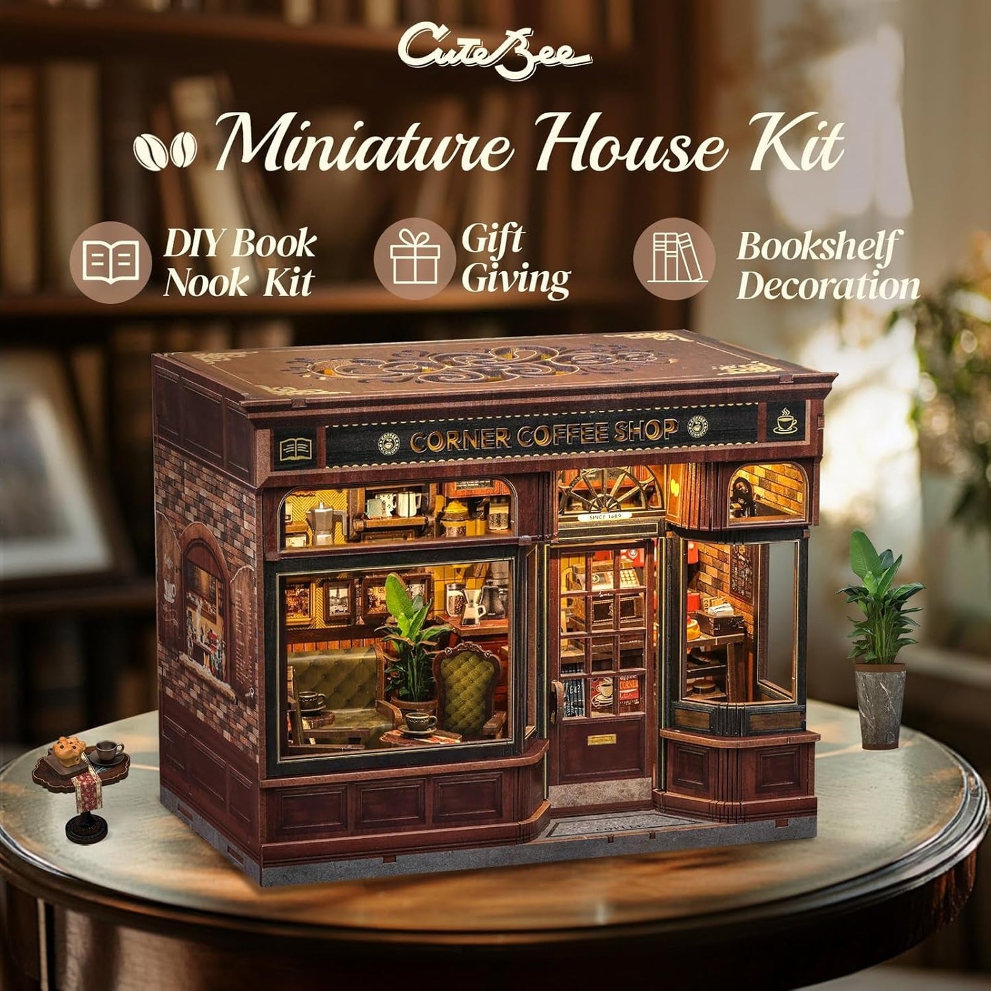 CUTEBEE Book Corner Kit - DIY dukkehuse, LED Light Up Miniature House Building Kit til voksne, 3D træpuslespil og bogstativ - Bogreoldekoration og gave (Corner Cafe)