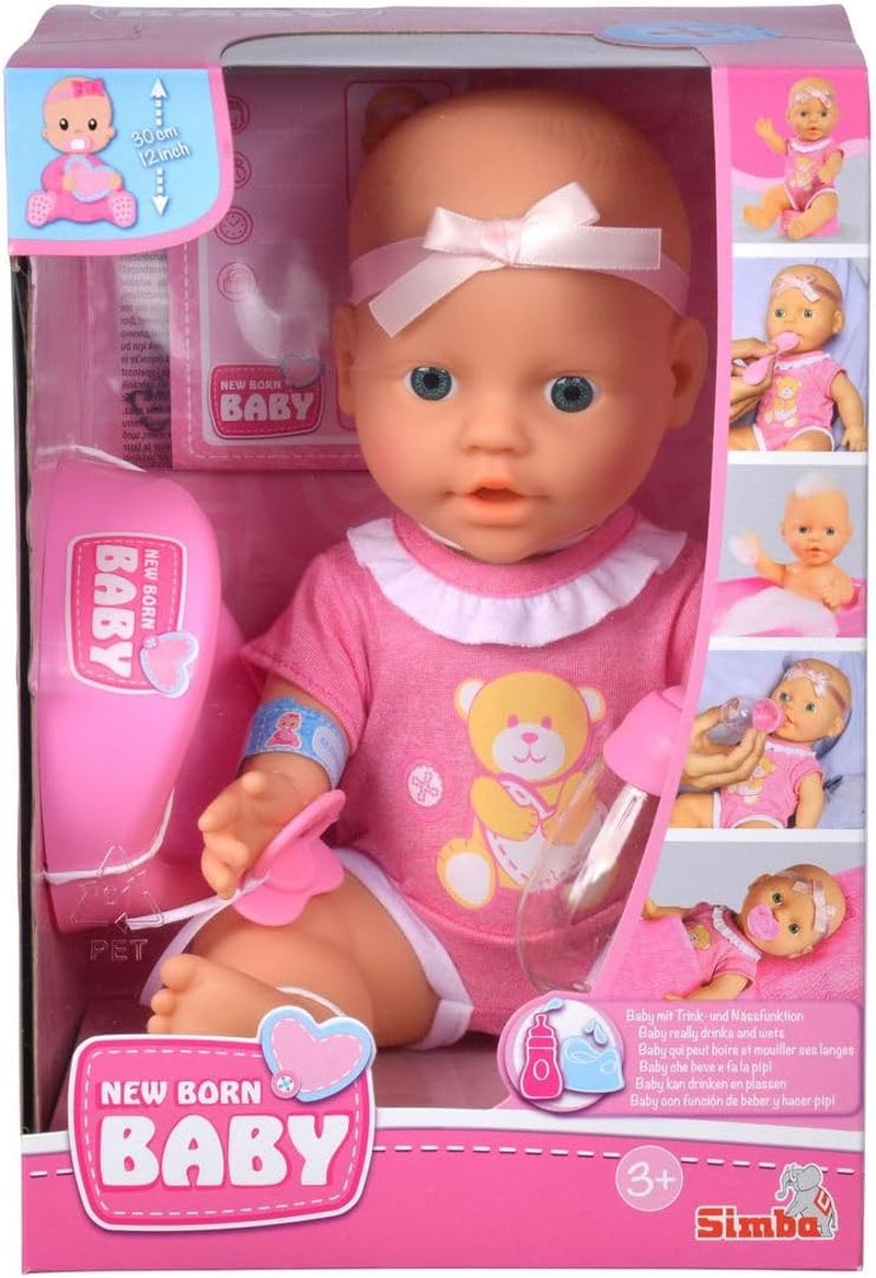 Simba 105030069 - Nyfødt dukke, fuld vinyl drikke- og vandingsdukke med fødselsattest og tilbehør, 4 stykker, 30 cm, babydukke, 3+