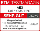 AEG Deli 5 espressomaskine, 1,5 l, programmerbar timer, holde varm funktion, sikkerhedsstop, vandstandsindikator, optimal dosering, anti-dryp funktion, rustfrit stål, CM5-1-6ST