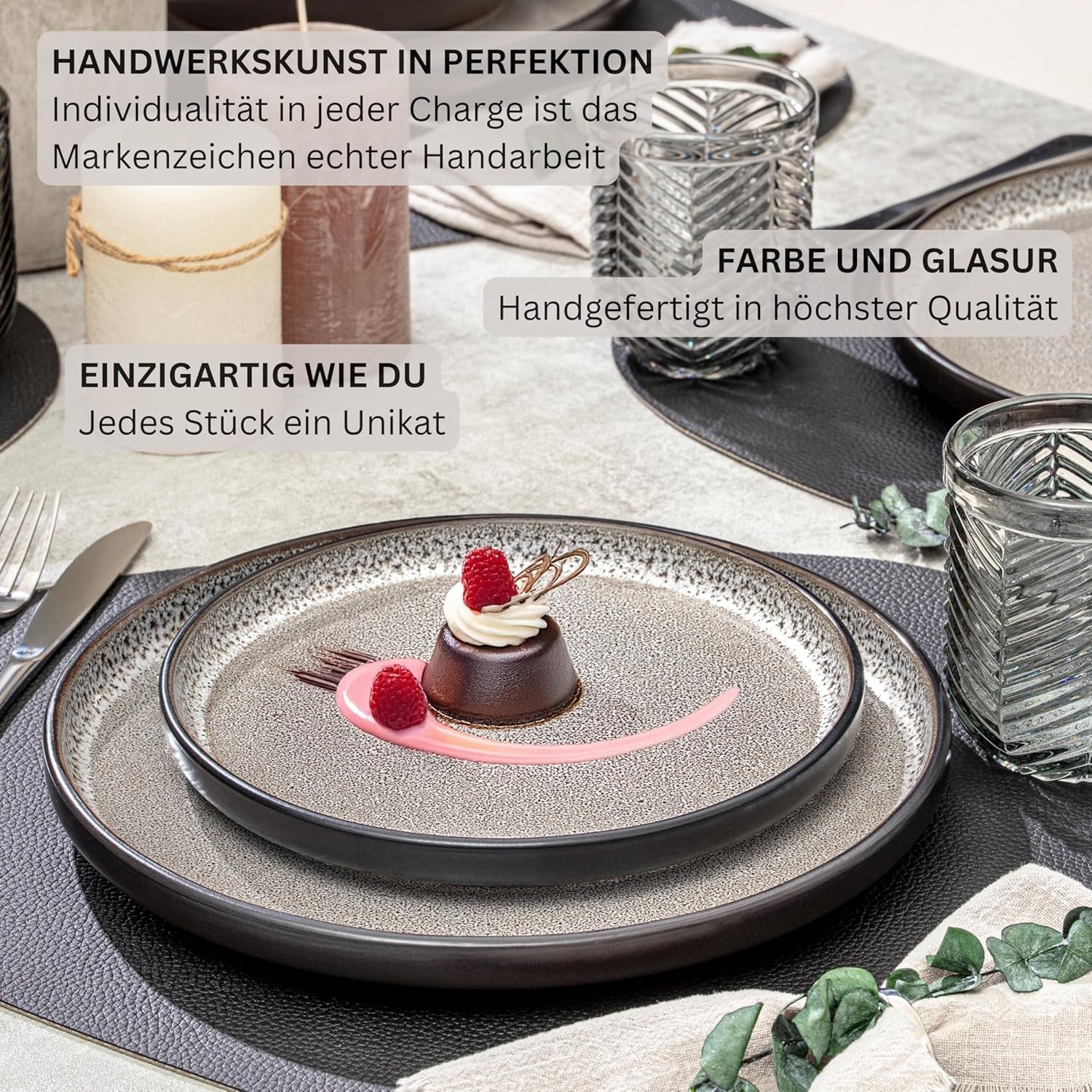 SÄNGER Luxor | Stentøjsstel, 18 stykker, tallerkensæt til 6, porcelænssæt (6 middagstallerkener, 6 kornskåle, 6 desserttallerkener), ridsefast brun-beige porcelæn | VÆRDIINDSAMLING