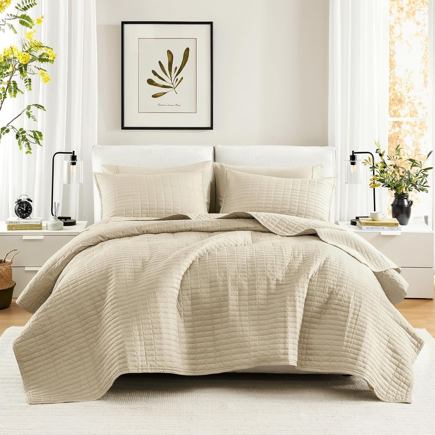 Comfort Spaces Kienna Quilt Sæt, Luksus Dobbelt Stitch Sommertæppe, Letvægts, Blødt Sengetøj året rundt, Matchende pudebetræk, Hvid, Tæppe til kingsize senge (264,2 X 228,6 cm), Naty Shop Quilts & Quilts Ivory King/Cal King(104"X90")