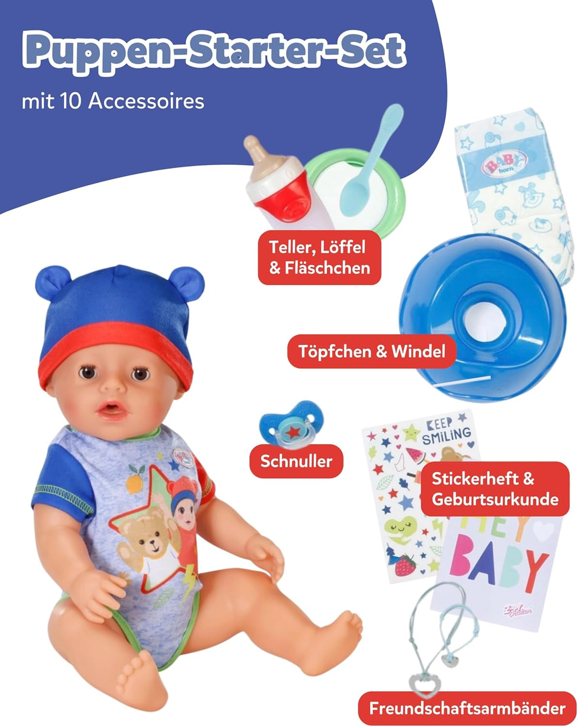 BABY Born Jonas - babydukke 43 cm - 10 funktioner inklusive tilbehør og madras - Fungerer fuldt ud uden batterier - Velegnet til børn fra 3 år og derover