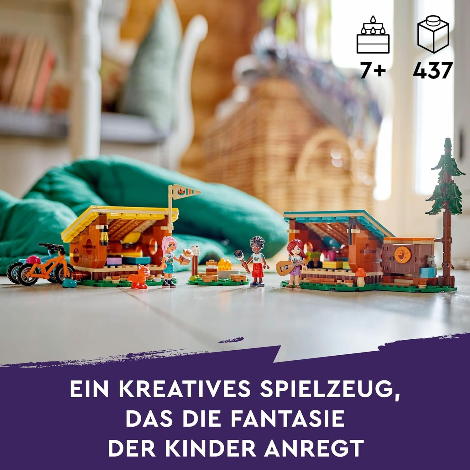LEGO Friends hyggelige hytter på eventyrlejr, udendørs rollelegesæt, børnelegetøj til piger og drenge fra 7 år med 3 figurer og ræv, campinglegetøj 42624 Byggesæt Besuche den LEGO-Store