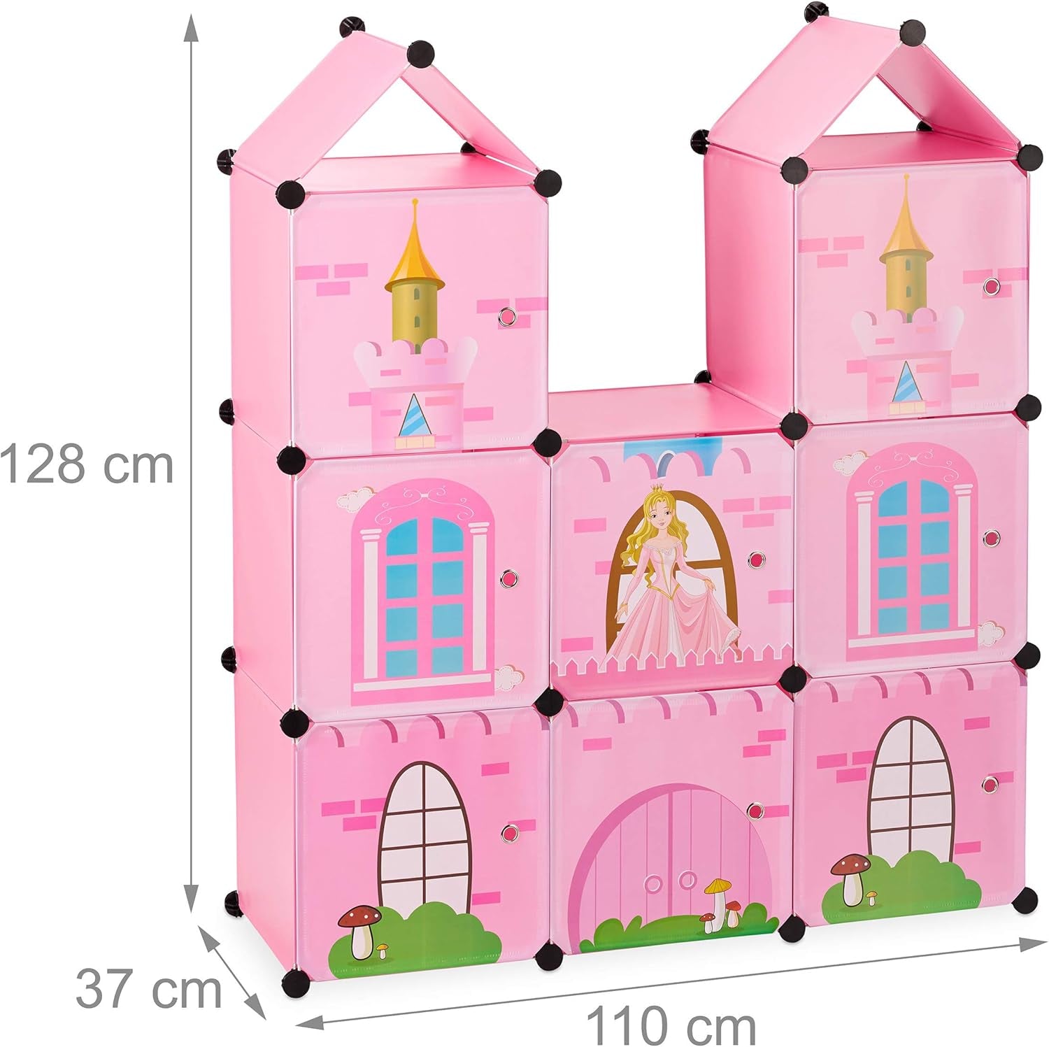 Relaxdays børneværelseshylde, prinsesseslot, plastik, gør-det-selv-skab med låger, HBT: 128 X 110 X 37 Cm, pink Naty Shop Dukkehuse