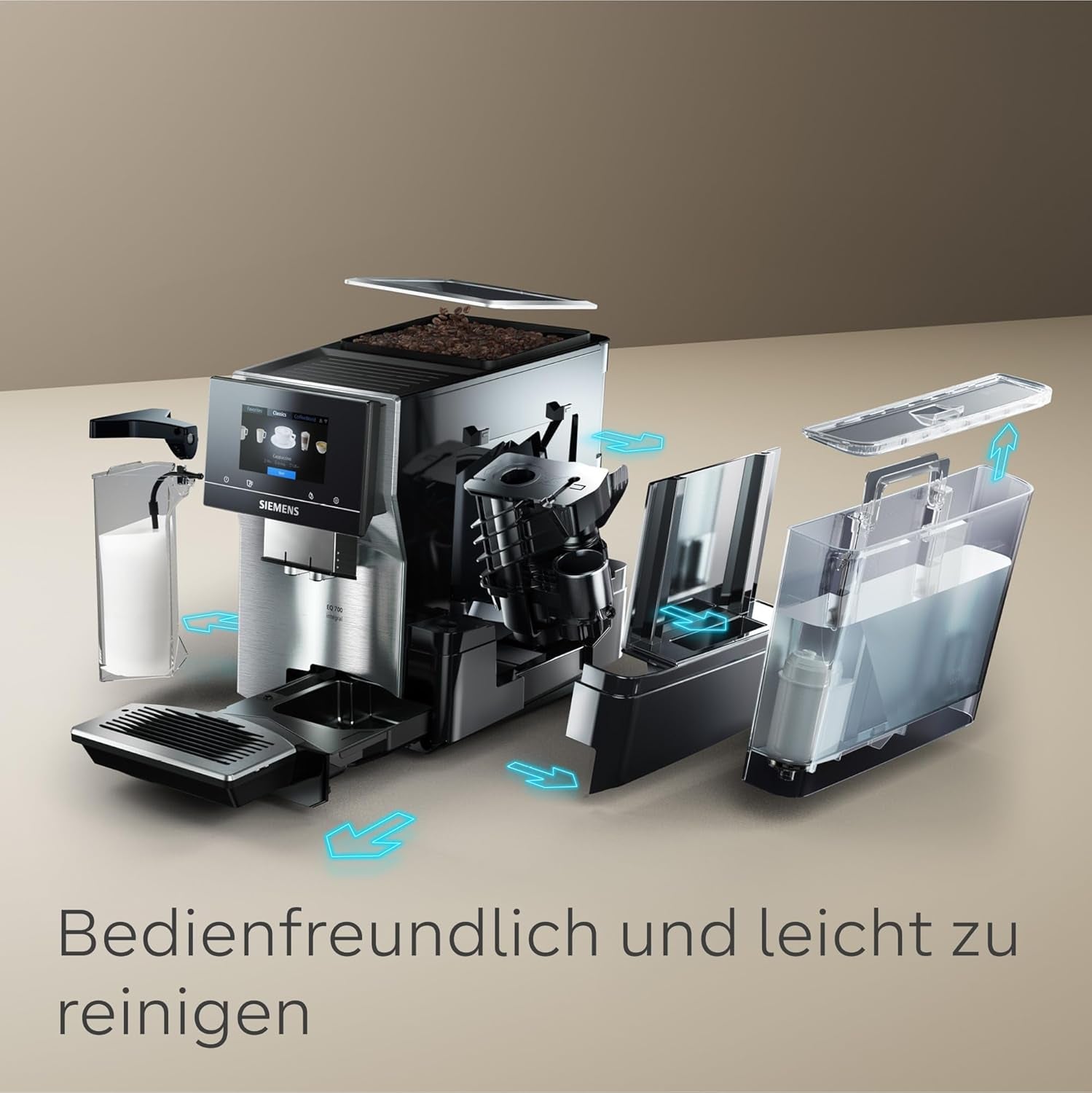 Siemens EQ700 fuldautomatisk espressomaskine, stor TFT-farveskærm, 36 varme og kolde drikke, koldbryg, 2 kops funktion, app kontrol, automatisk rengøringssystem, sort rustfrit stål, TQ717D03