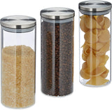 Relaxdays opbevaringskrukke Sæt med 3 forseglet låg i rustfrit stål Pasta-müsli-ris 1,5 liter køkkenbeholder Klar sølv 24 x 9,5 x 9,5 cm Klar sølv madopbevaringsbokse Naty Shop Standardtitel