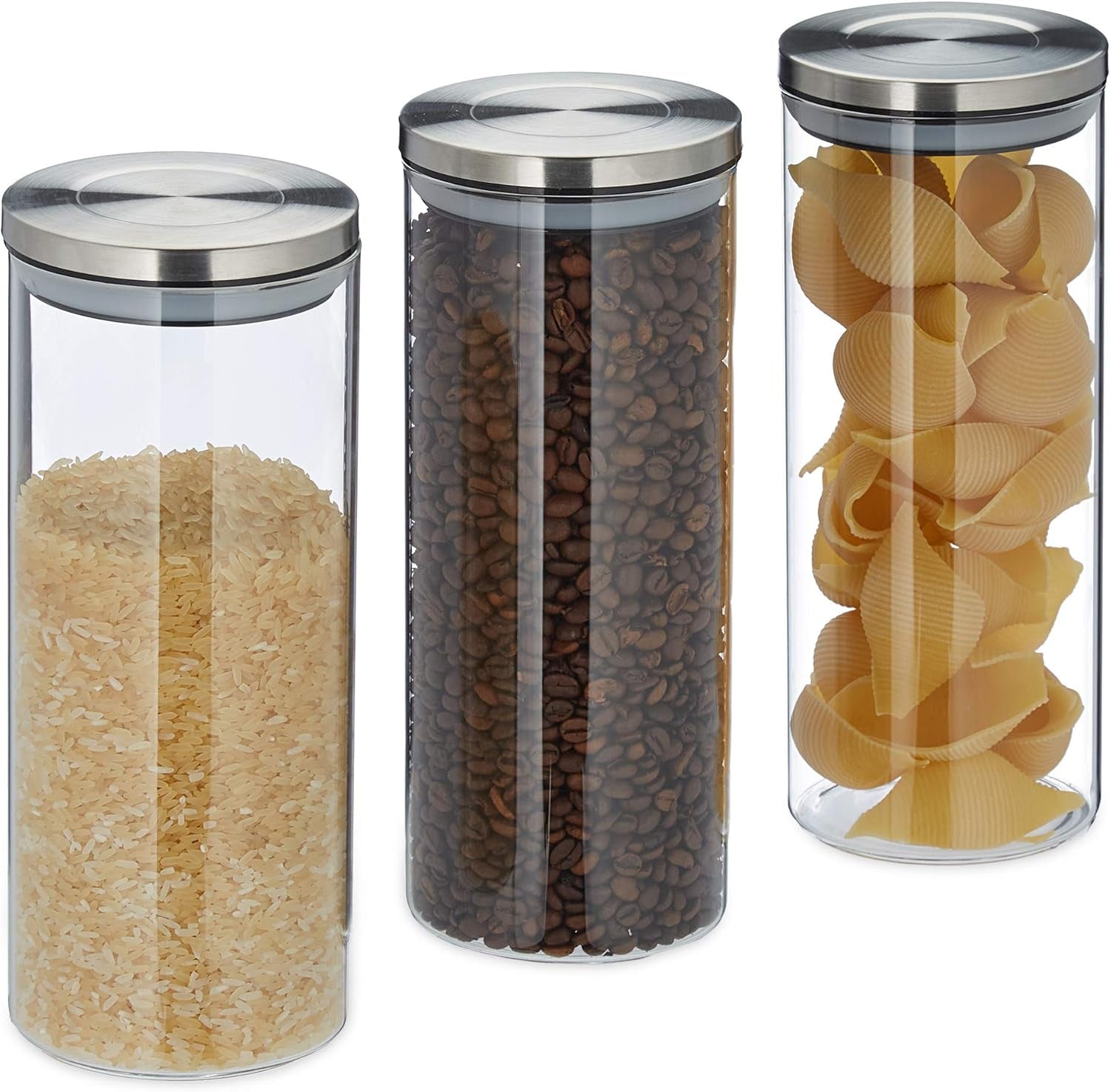 Relaxdays opbevaringskrukke Sæt med 3 forseglet låg i rustfrit stål Pasta-müsli-ris 1,5 liter køkkenbeholder Klar sølv 24 x 9,5 x 9,5 cm Klar sølv madopbevaringsbokse Naty Shop Standardtitel