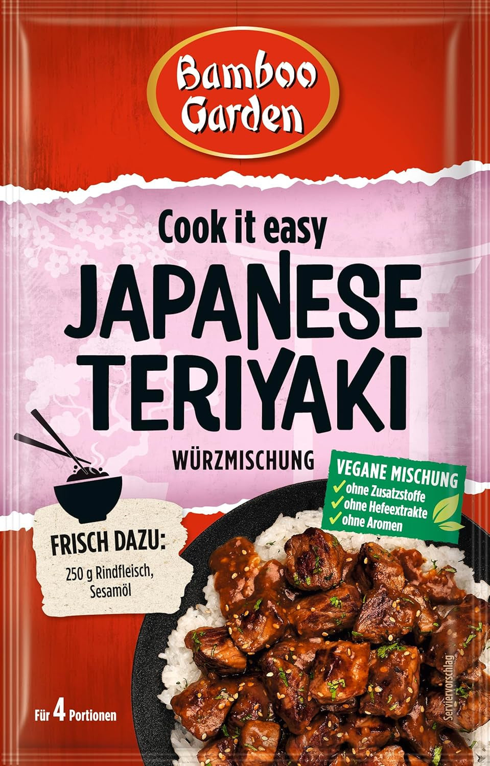 Bamboo Garden - Teriyaki krydderblanding , Gewürzmischung für Teriyaki , Für 4 Portionen , Ohne Geschmackverstärker og Konservierungsstoffe , 1 x 25 g (Verpackungsdesign kann abweichen)