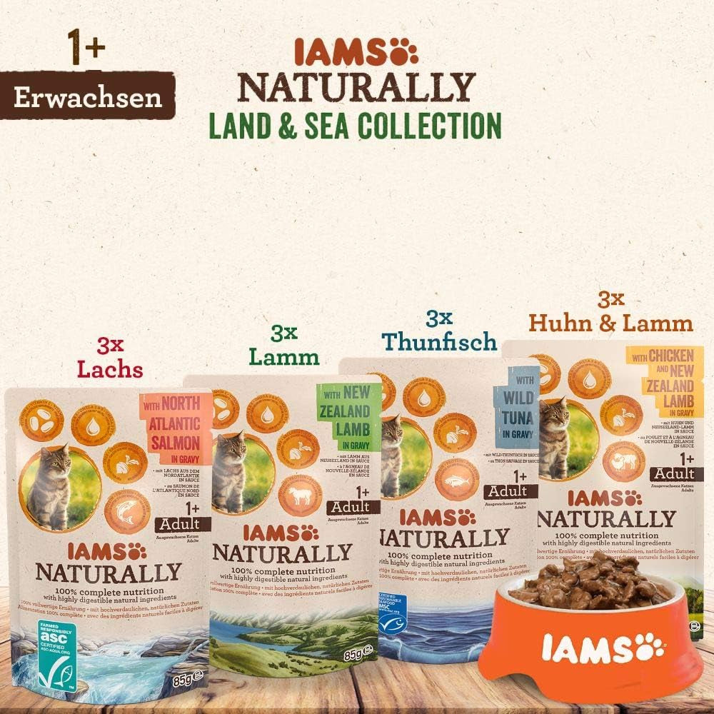 IAMS Natural Wet Cat Food i Sauce - Højkvalitets kød- og fiskevådfoder til voksne katte, Land & Sea Collection, 12 x 85g