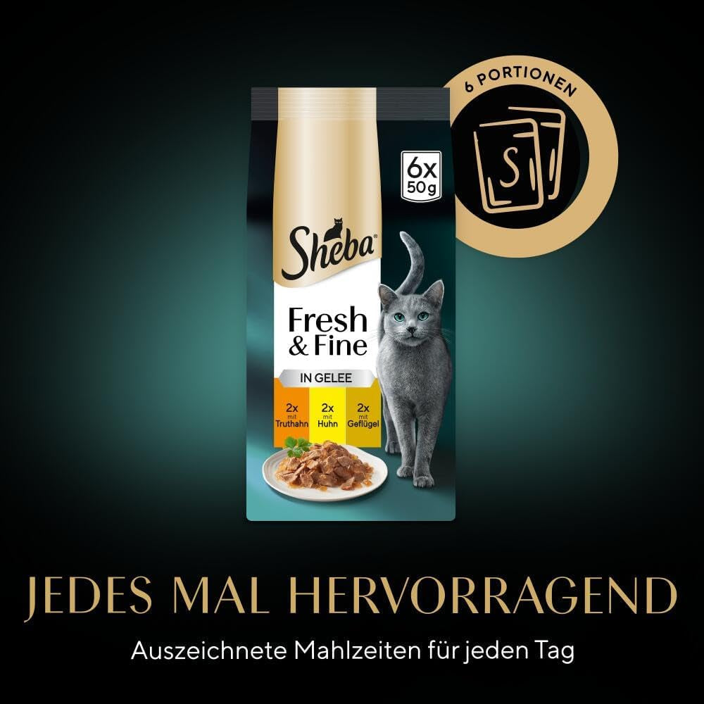 Sheba-portionsposer våd kattefoder, frisk og fin kalkun- og kyllinggelé Multipakke, 6x6x50 g - Kalkun- og kyllinggelé af høj kvalitet til kattemad