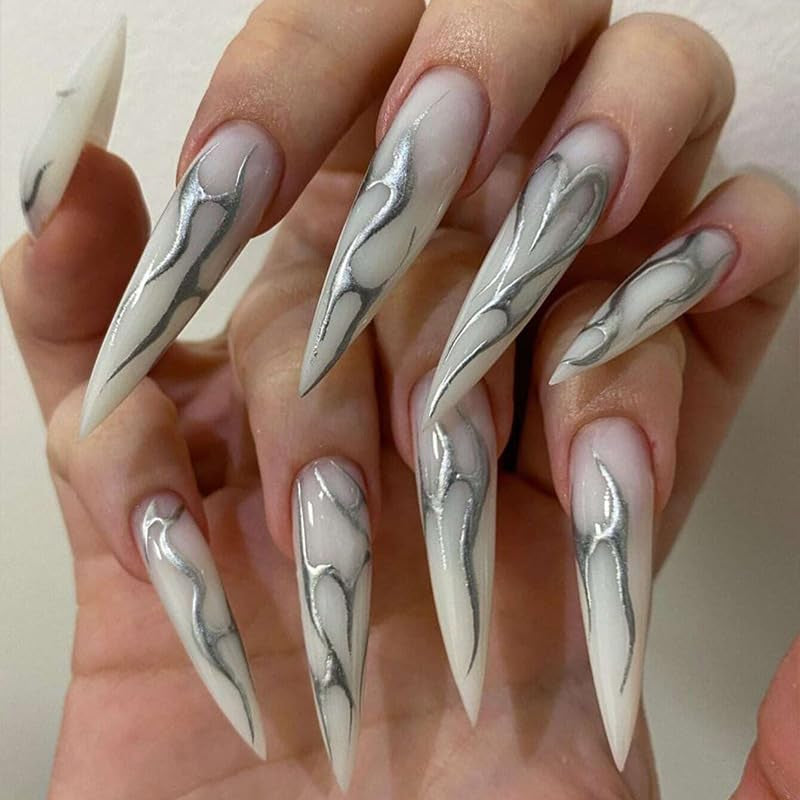 Moonglow Lange Negle Stiletto Mælkehvid Pink Gradient Glitter Cool falske negle med lim Pink Ombre Glitter Kunstige negle