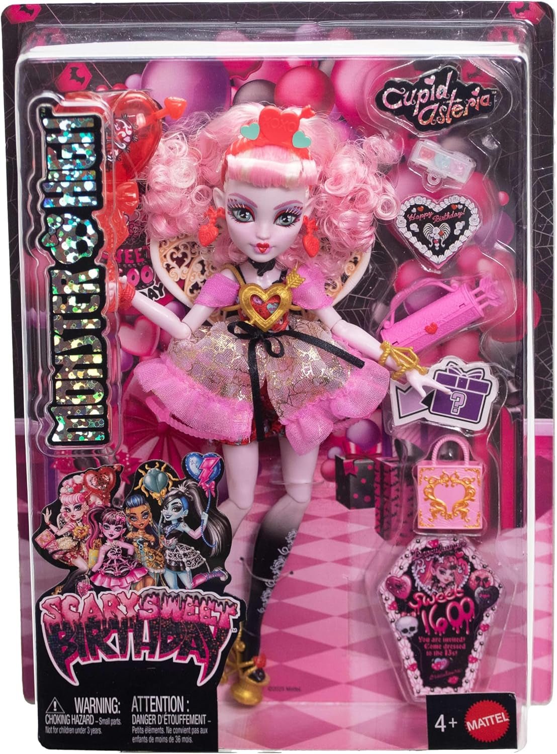 Monster High Skræmmende sød fødselsdag Amor Asteria dukke i pink og rød festkjole med tematilbehør som invitation, ballon, gave og mere, JBG77