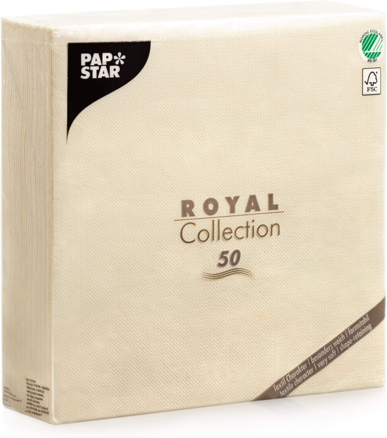 Papstar Servietter, Champagne Royal Collection 1/4-fold vævsservietter, Størrelse 40 X 40 Cm, 1 X 50-pak, Champagne / Creme