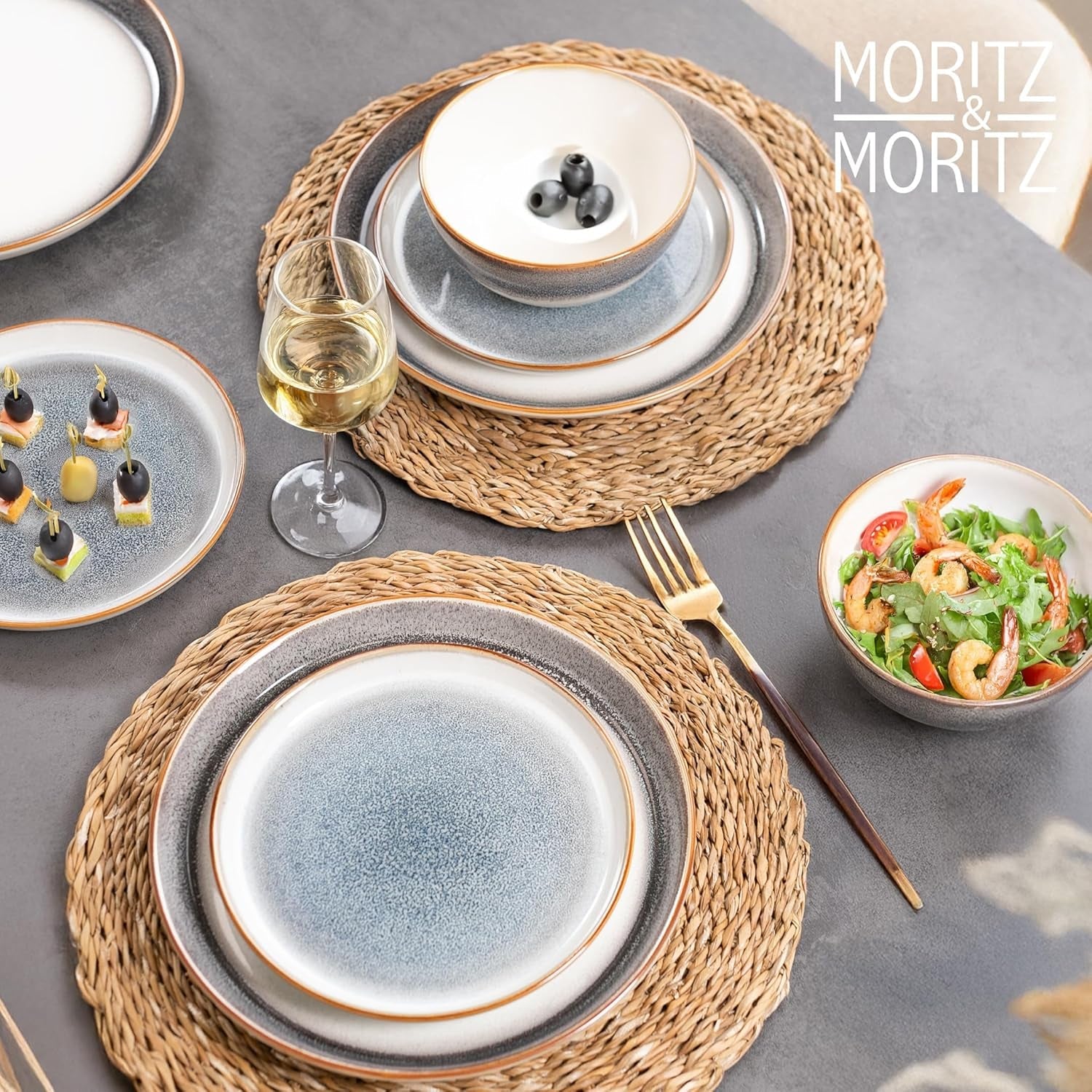 Moritz & Moritz TARENTO 24-delt servisesæt til 6, grå - Elegant højkvalitetstallerkensæt i stentøj - Spisestellet indeholder 6 middagstallerkener, 6 desserttallerkener, 6 middagstallerkener og 6 kopper