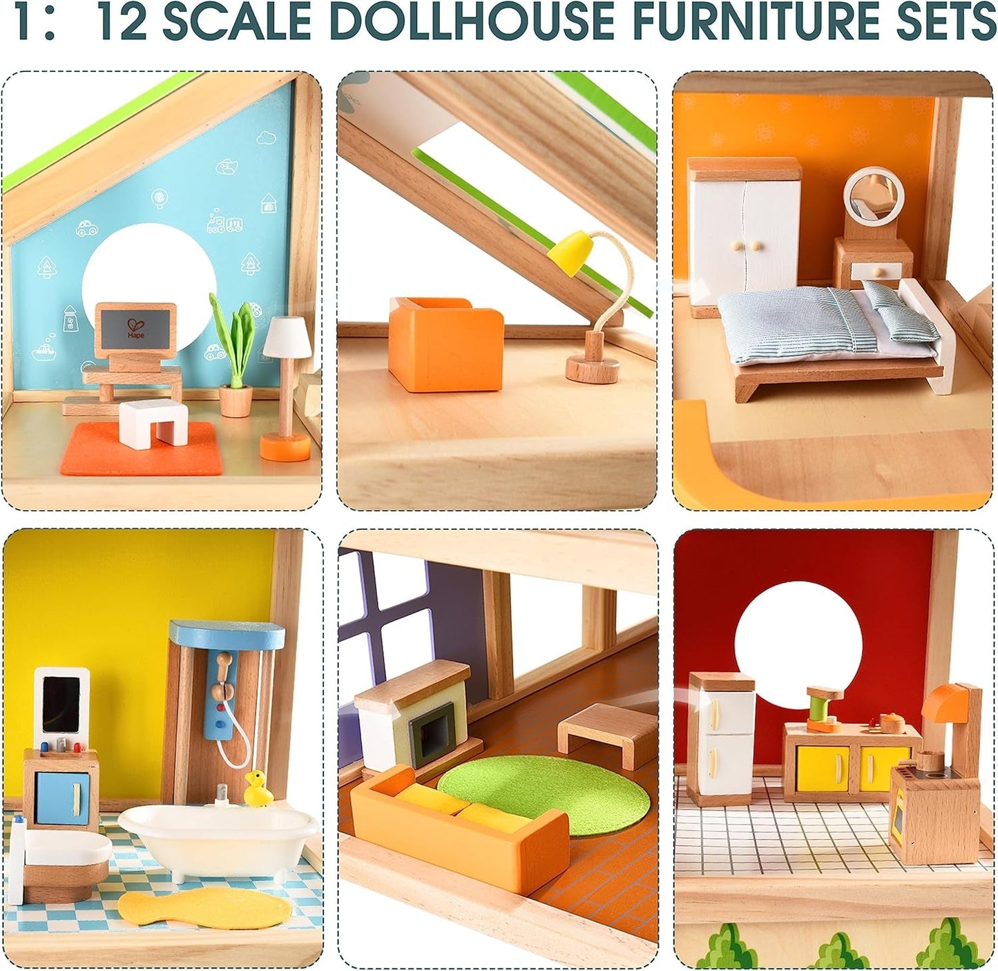 Hape Four Seasons Dukkehus - prisvindende tre-etagers trædukkehus med møbler, tilbehør, skydetrapper og vendbart tag til alle årstider, til børn fra 3 år og opefter