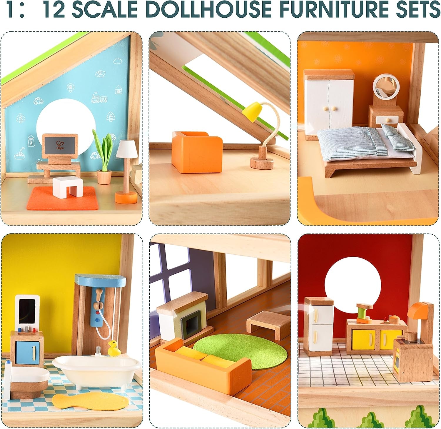 Hape Four Seasons Dukkehus - prisvindende tre-etagers trædukkehus med møbler, tilbehør, skydetrapper og vendbart tag til alle årstider, til børn fra 3 år og opefter
