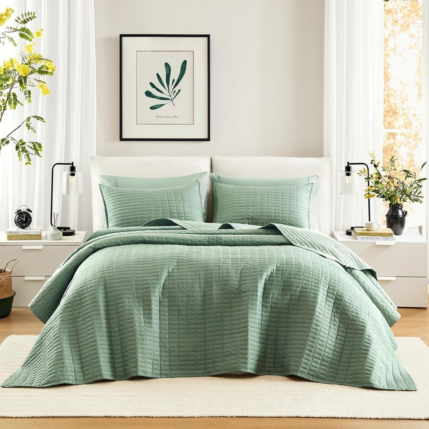 Comfort Spaces Kienna Quilt Sæt, Luksus Dobbelt Stitch Sommertæppe, Letvægts, Blødt Sengetøj året rundt, Matchende pudebetræk, Hvidt, Tæppe til King Size Senge (264,2 X 228,6 cm), Naty Shop Quilts & Quilts Sage Gland Oversized Queen Sengetæppe (102"X118")