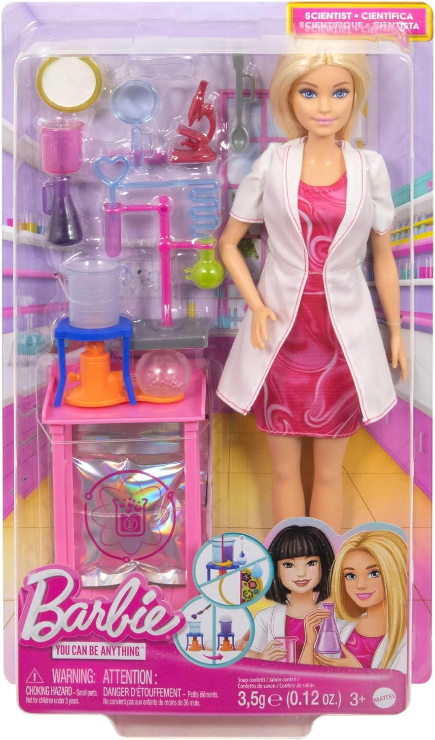 Barbie Scientist-dukke og tilbehør med moderigtig blond dukke, laboratoriebord, mikroskop, farveskiftende kasserer og petriskål, JCR70 Naty Shop-dukker