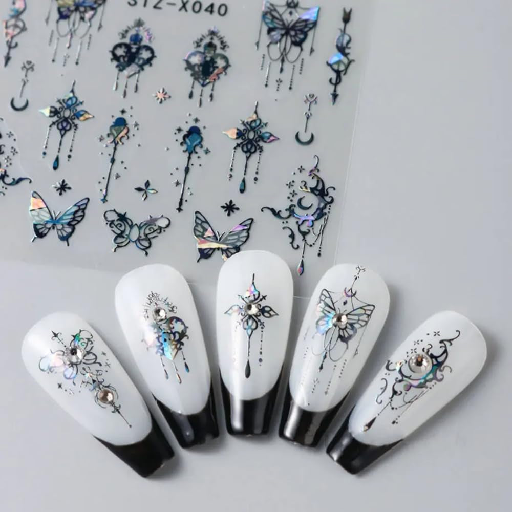 3D Metallic Schwarz Schmetterling Nagelsticker - Laser Pink Aurora Nagelaufkleber - Punk Butterfly Nail Art Stickers - Sølv Nail Sticker - Nageldesign Tilbehør