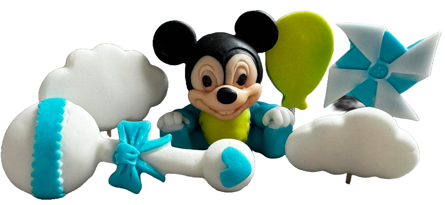 Sæt med 6 spiselige sukkerdekorationer, Mickey Mouse Sugar Paste Decorations Naty Shop