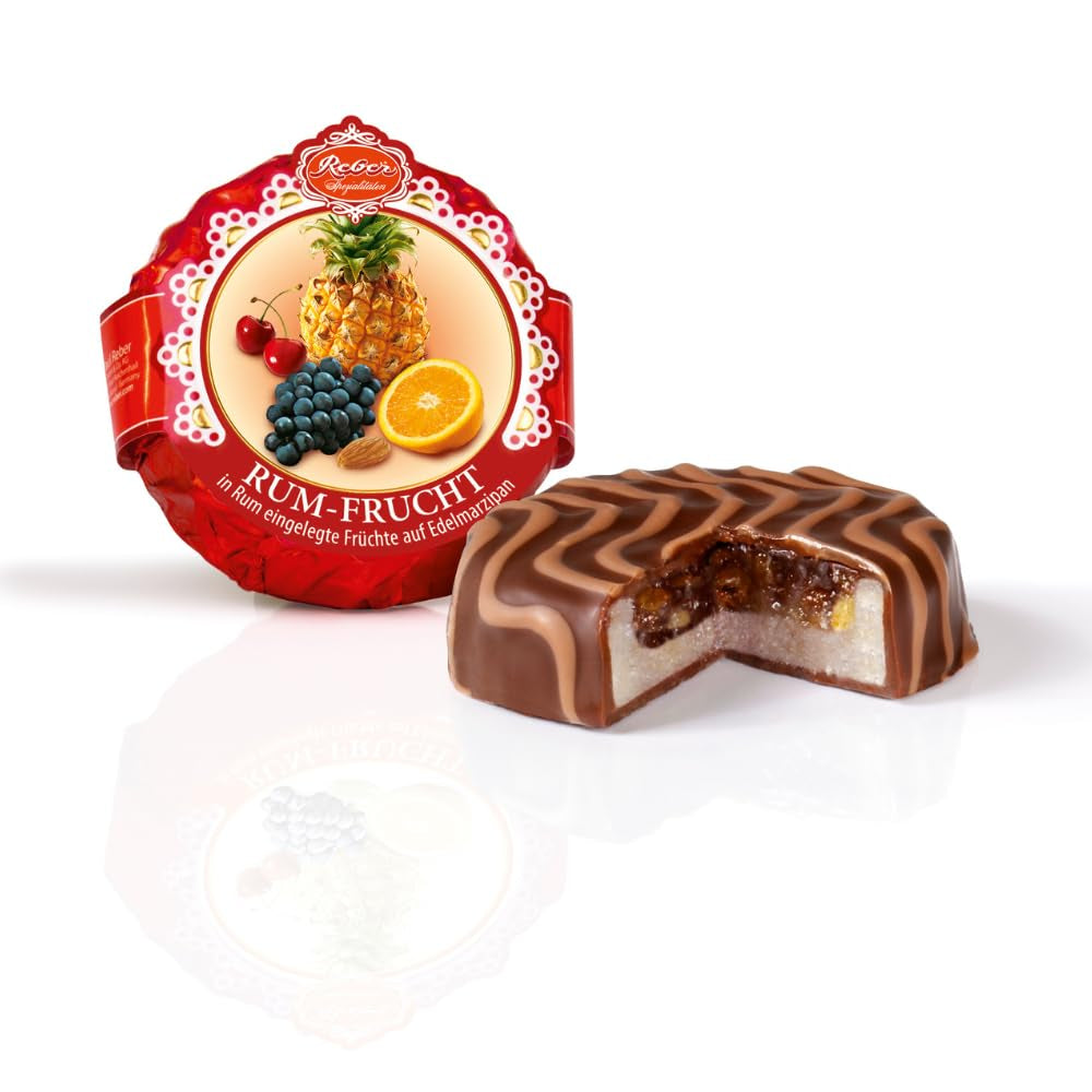 Chokoladedej med rom og Reber frugter, frugter gennemblødt i rom på fin marcipan, dækket med fin mørk chokolade, 39 g (1 stk)