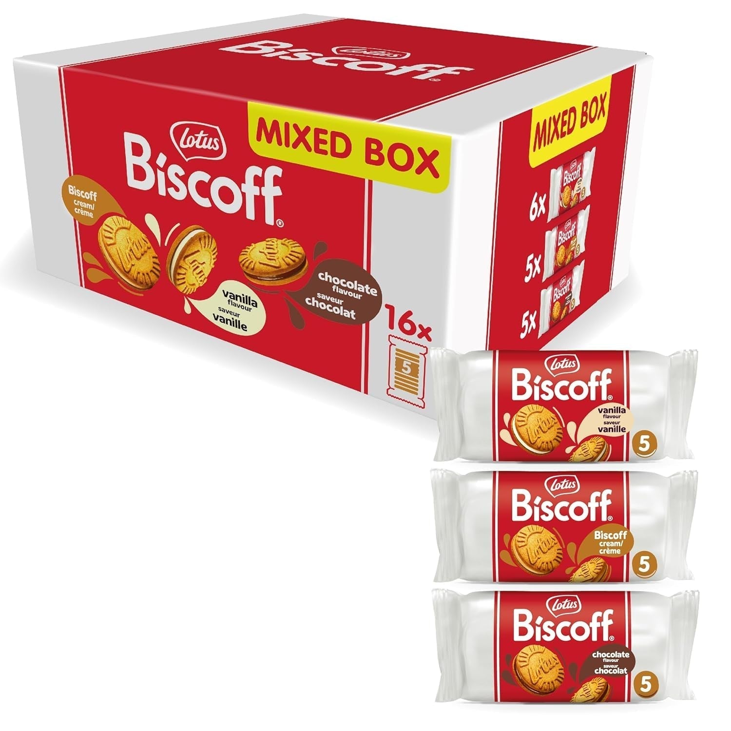 Lotus Biscoff | Dobbelt kiks Variety Pack | 3 varianter: Biscoff creme, vanilje og chokolade smag | 5 dobbeltkiks pr. pakke | Ingredienser af naturlig oprindelse | Ingen farvestoffer | 16 x 50 g | 800 g