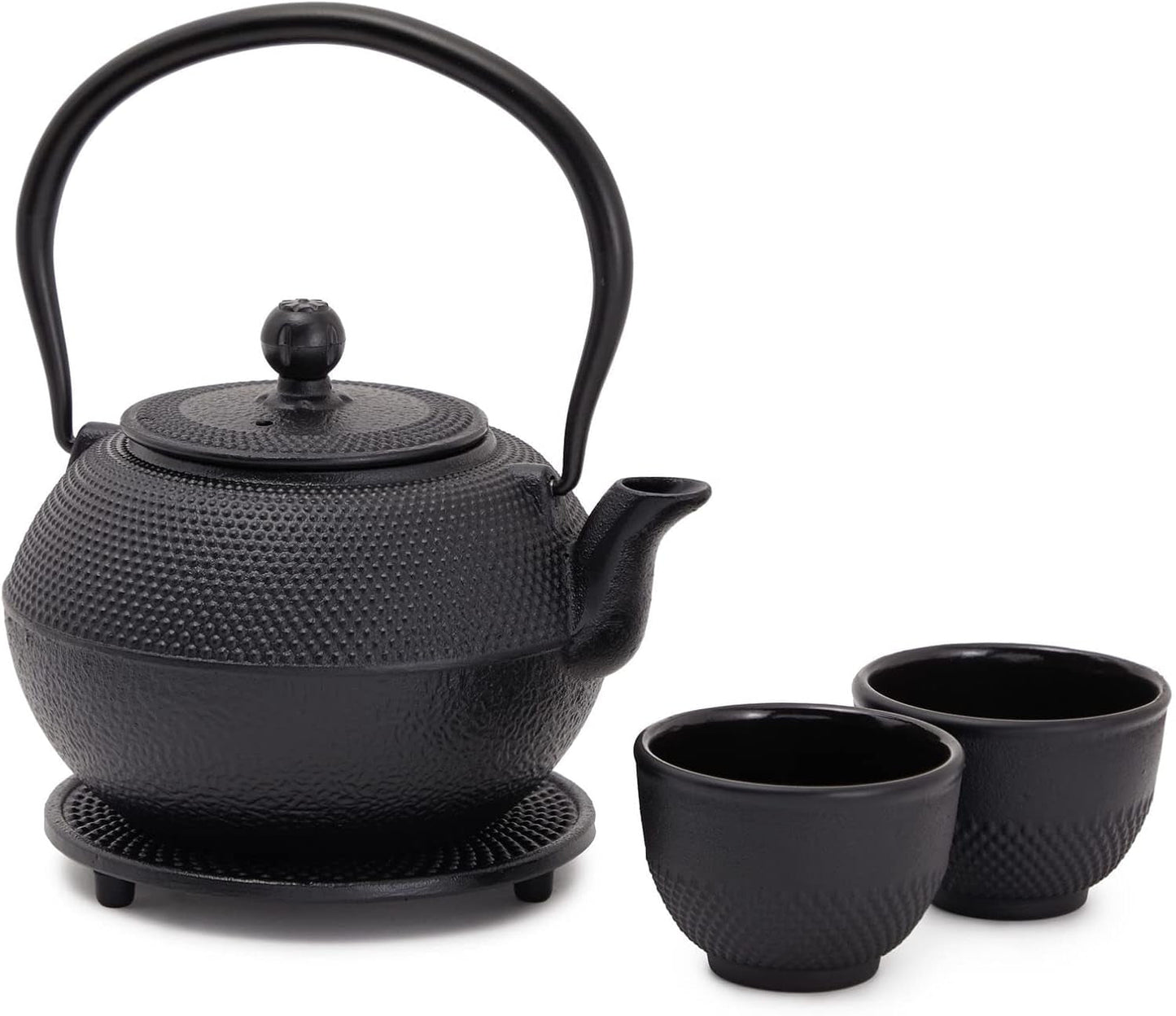 Juvale japansk tesæt med støbejernstekande (1200 ml), underkop og 2 kopper, tesæt i Tetsubin-stil, sort